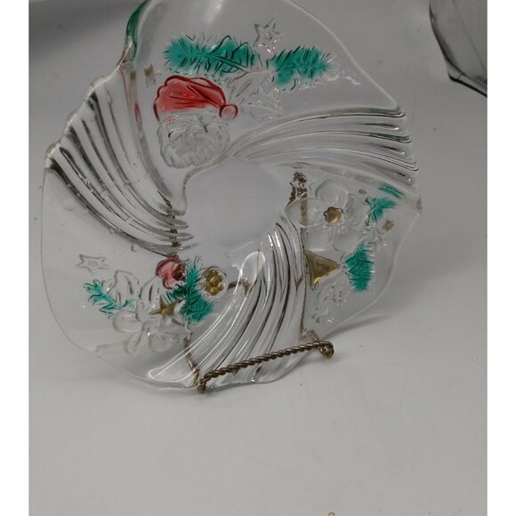 Clear Glass Christmas Candy Bowl/Platter with etched Santa & Florals 9" Diameter - Picture 1 of 11